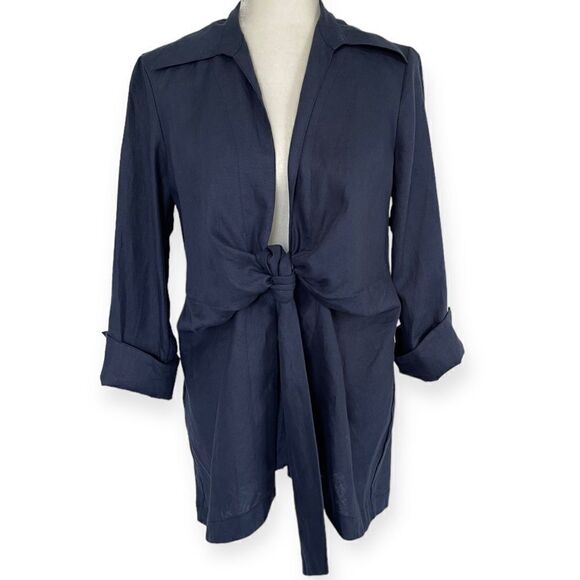 NWT Neiman Marcus Tie Front Collared Linen Jacket Blouse (Navy) - Small - Picture 2 of 11